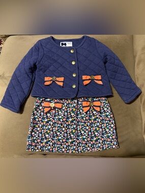 Janie and Jack Blue & Coral Quilted Jacket with Corduroy Floral Skirt 12-18Month